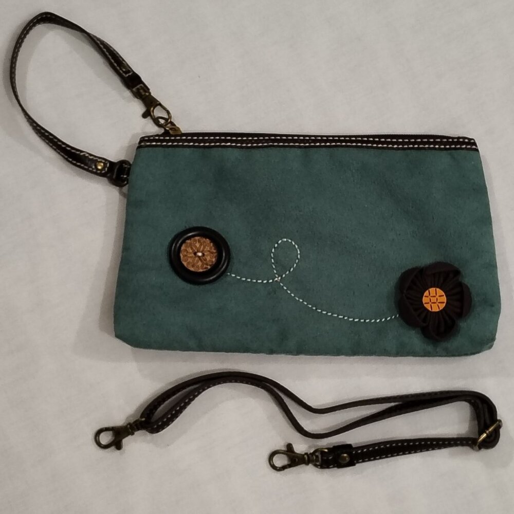 Chala Turquois Green Floral Embroidered Wristlet Zip Adjustable Shoulder Strap
